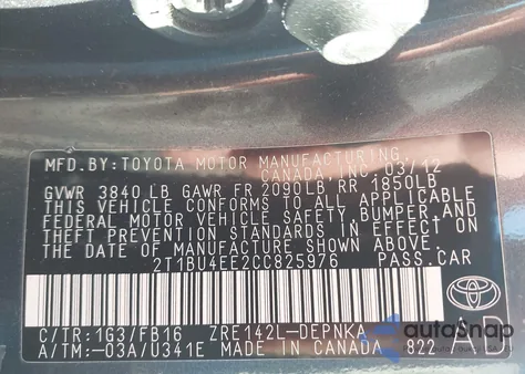 2012 Toyota Corolla Le from USA, damaged, VIN 2T1BU4EE2CC825976